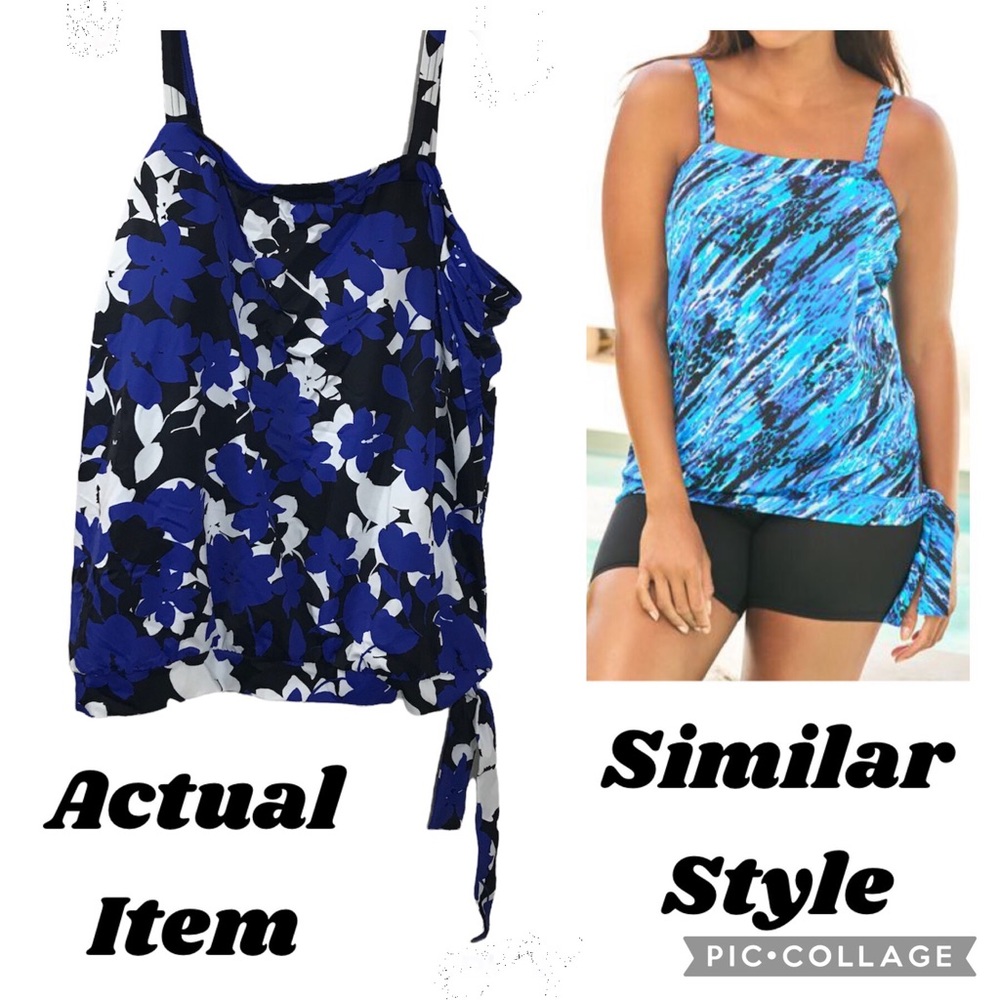 Swimsuits for All 22 blouson floral tankini with tie waist band blue black white